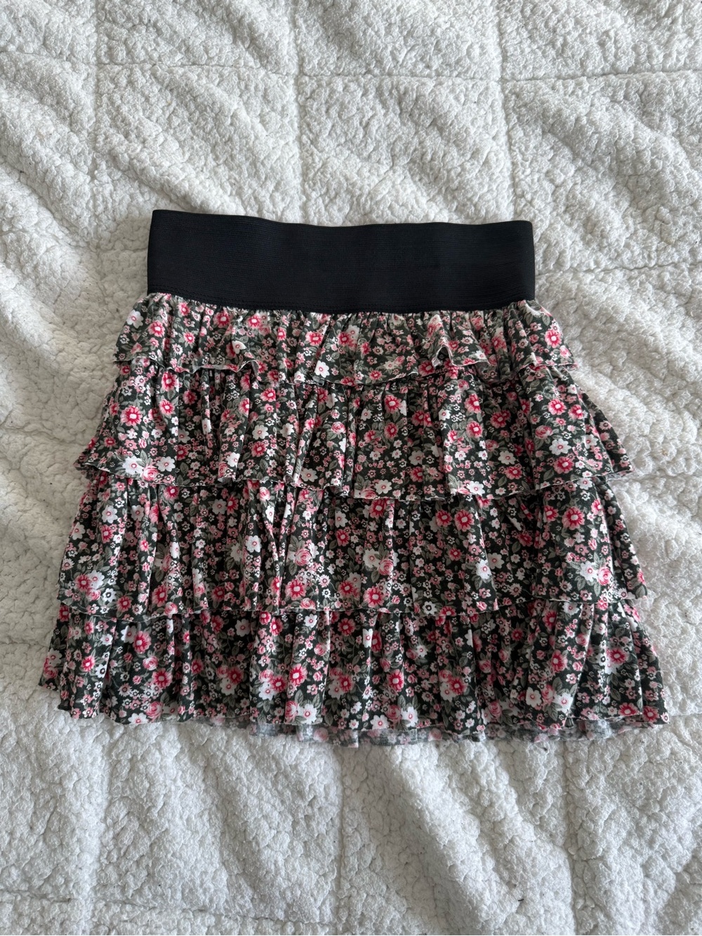 Ruffled Floral Mini Skirt - Black with Pink Flowers